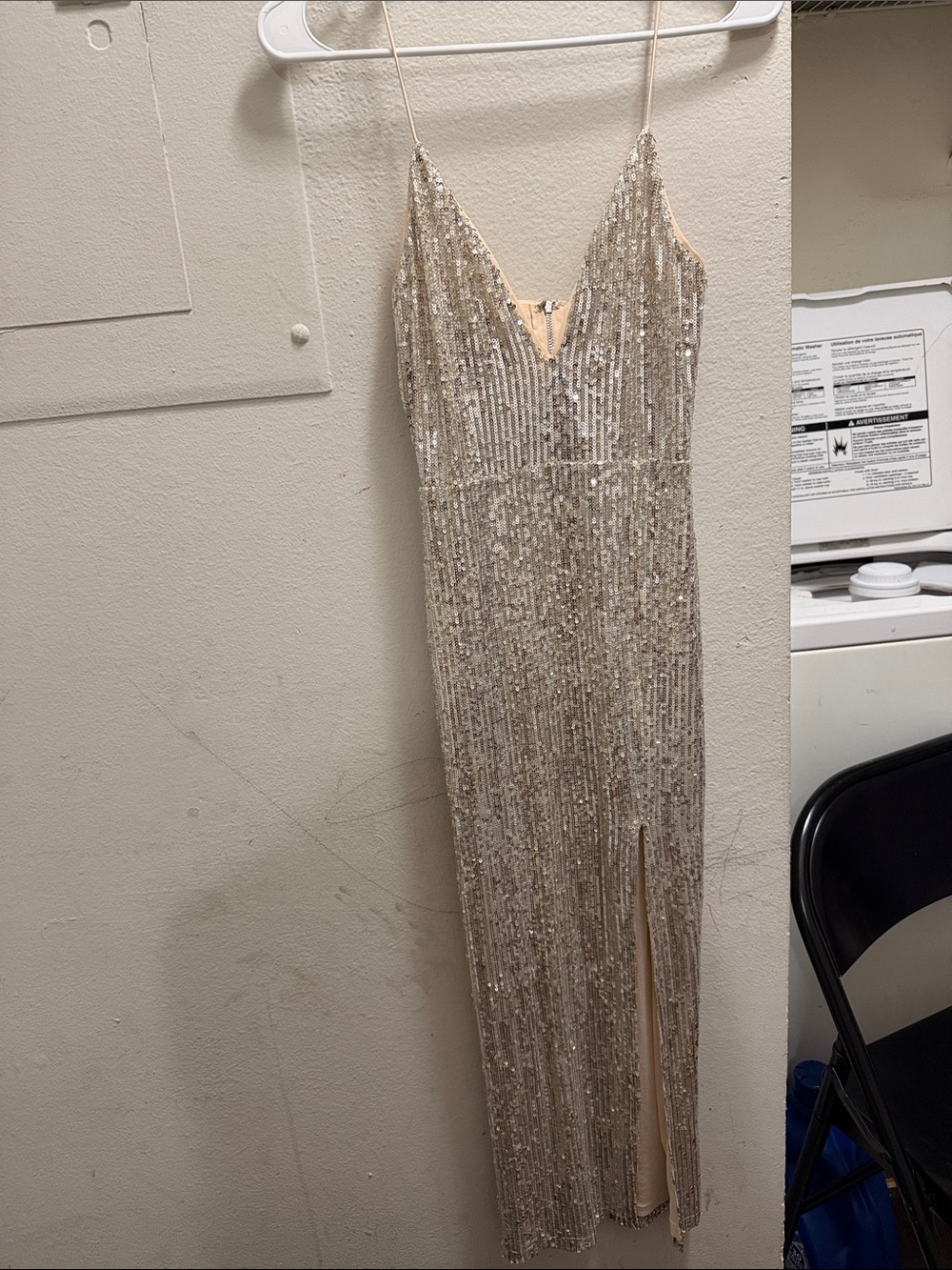 Fashion Nova Champagne Sequin V-Neck Spaghetti Strap Gown